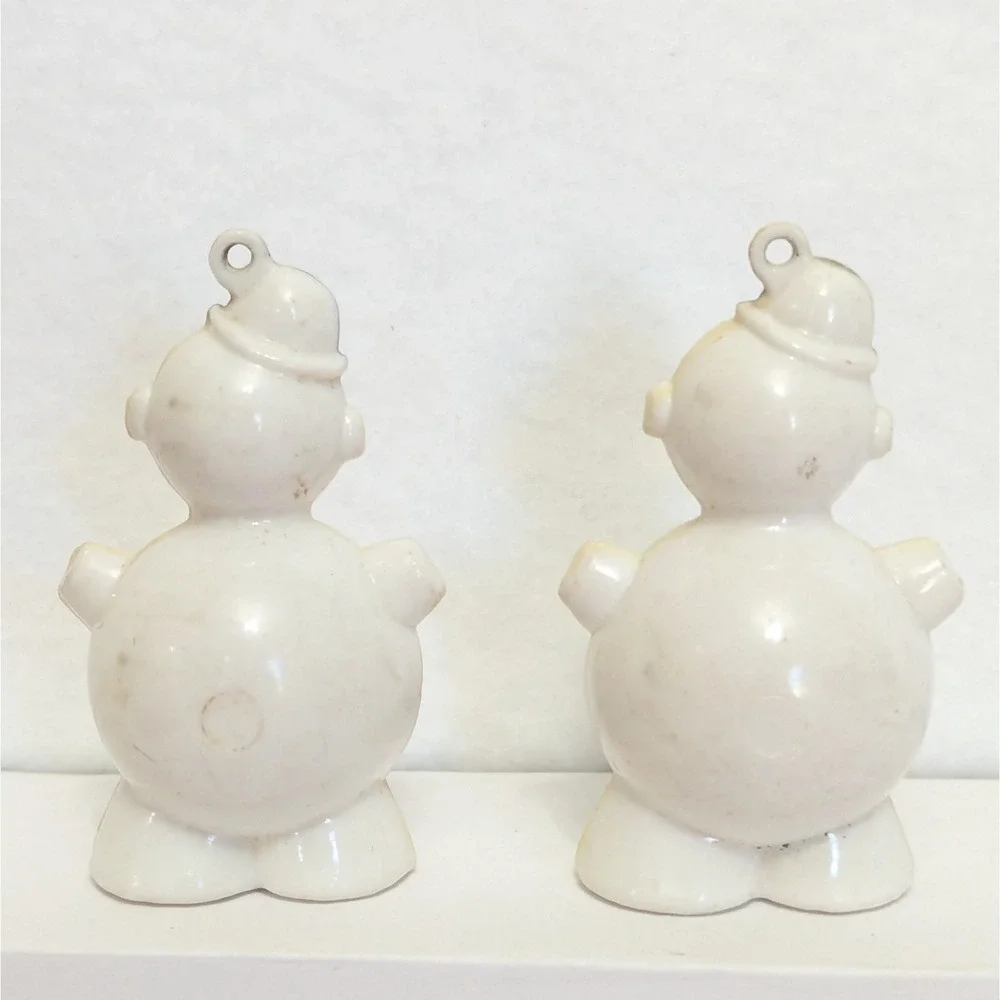 Vintage Allied Hard Plastic Snowman Christmas Ornament Set Of 2 White 1950's